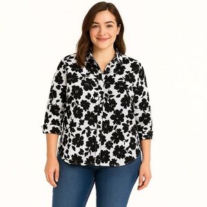 𝅺black & White Floral Button Down Top, Size PM